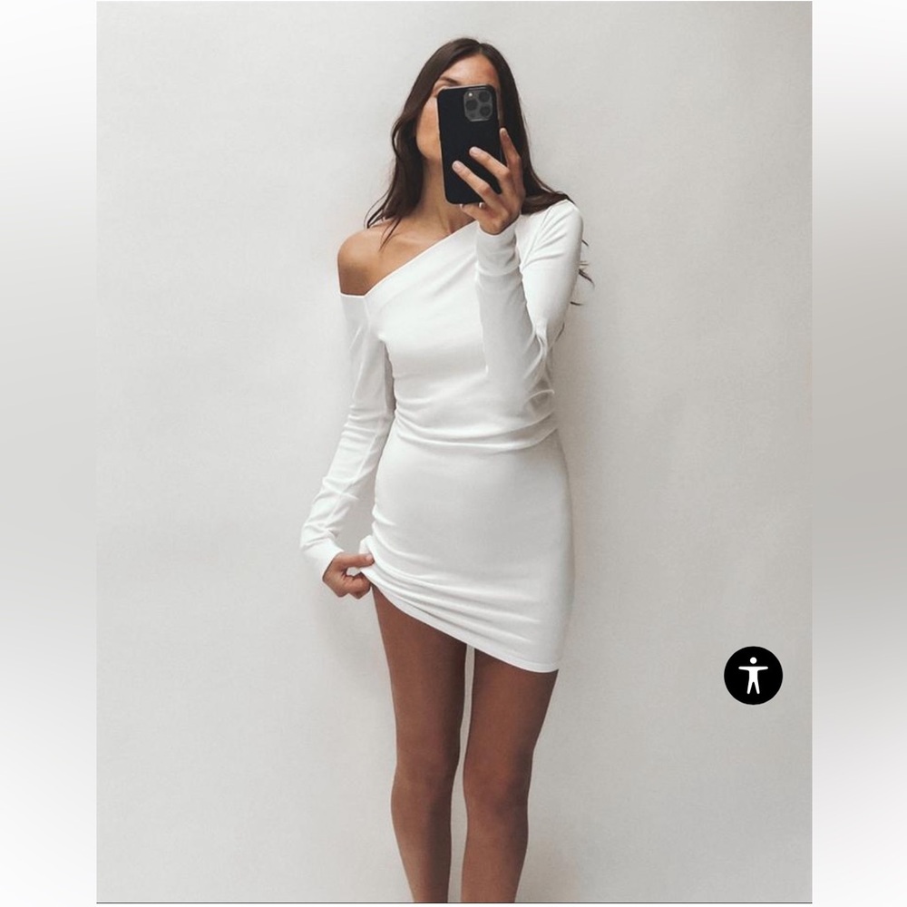 Draped Asymmetric Off Shoulder Long Sleeve White Cotton Dress by H&M NWT